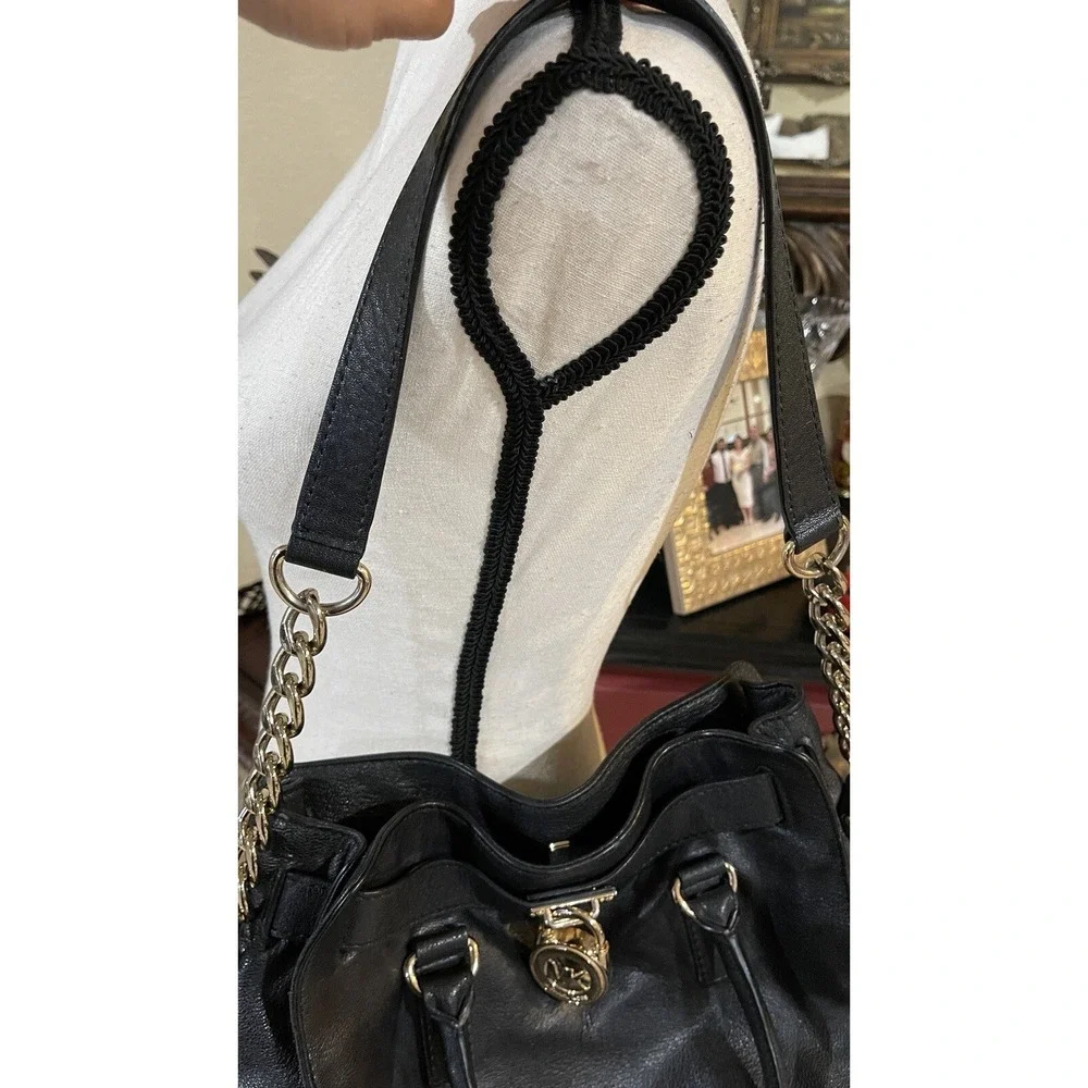 Michael Kors Hamilton Black Leather Satchel Tote‎ Chain Shoulder Bag Gold